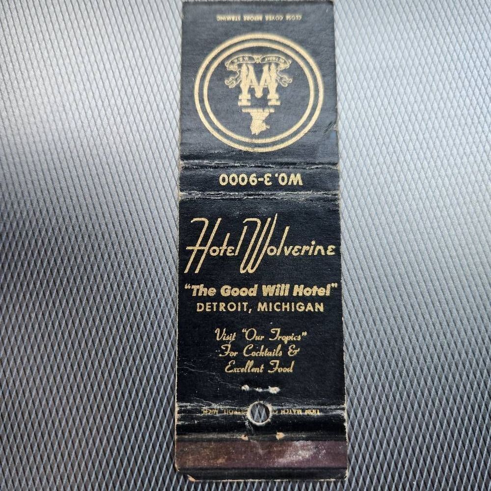 Vintage Matchcover Hotel Wolverine Detroit Michigan